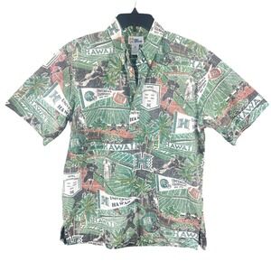 Reyn Spooner Hawaiian Shirt Mens M Green University of Hawaii Warriors Football
